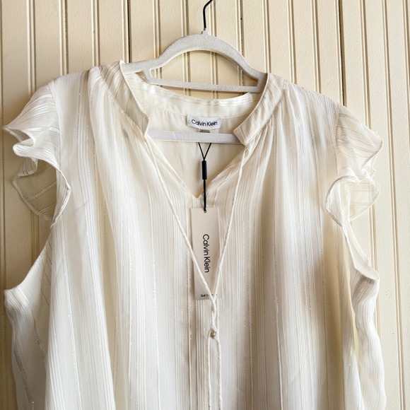Calvin Klein White Stripe Ruffle Lightweight Sleeveless blouse - Picture 3 of 8
